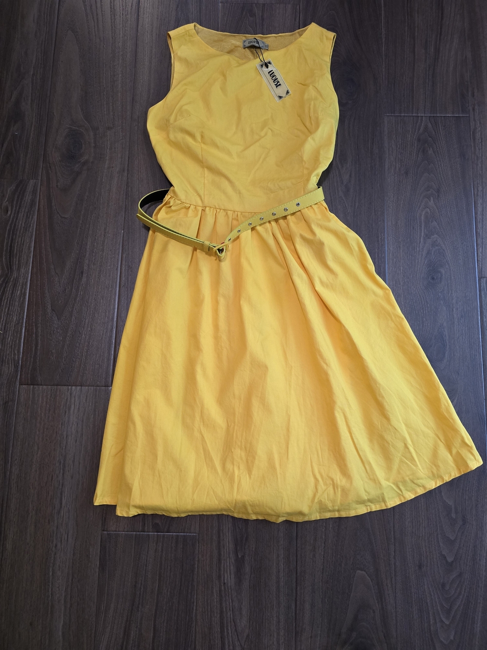 Sunny Yellow Sleeveless Midi Dress with Waist Belt